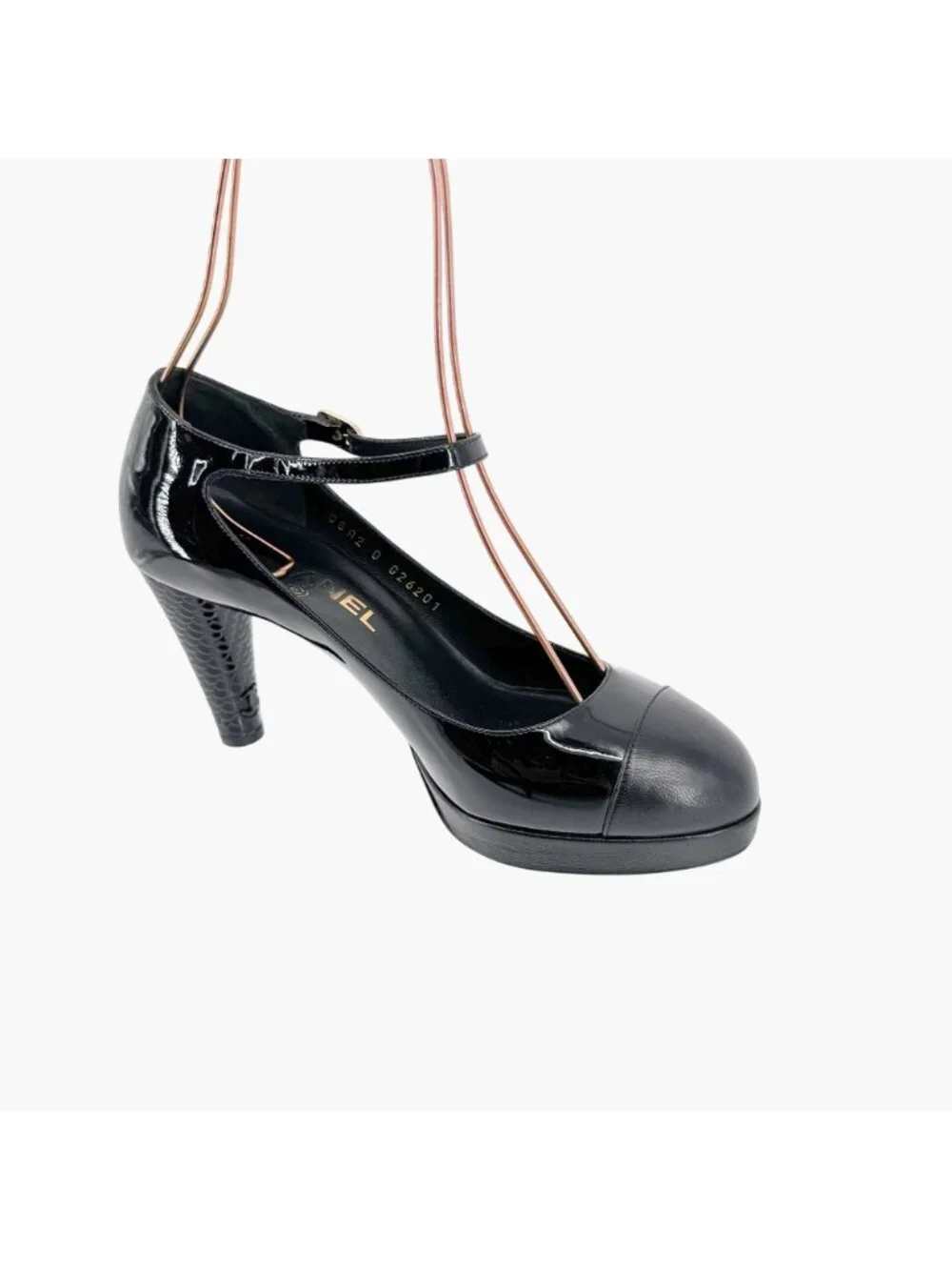 Chanel Platform Pumps Size 38 US 7-7.5 Black Patent Cap Toe Mary Jane Mid Heel - Picture 12 of 15